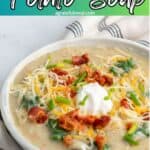 Pinterest image of the soup with the words "Kale and Leek Potato Soup" in text overlay.