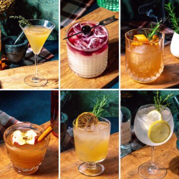 Photo collage of six different Outlander cocktails.