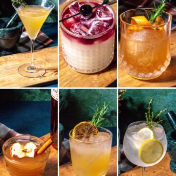 Photo collage of six different Outlander cocktails.