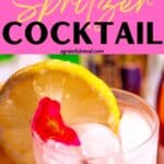 Pinterest image of the cocktail with the words "Elderflower Spritzer Cocktail" in text overlay.