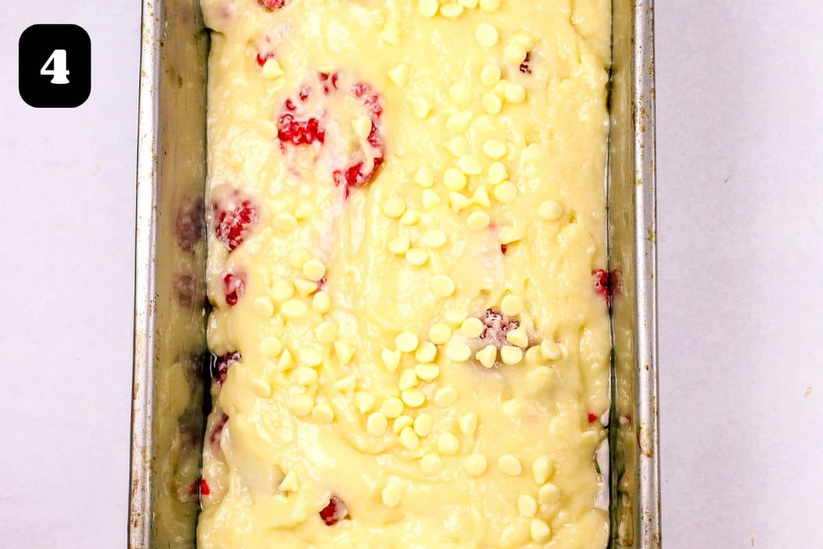 Cake batter in a loaf pan.