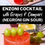 Pinterest image of the cocktail with the words "Enzoni Cocktail with Grapes and Campari (Negroni Gin Sour)" in text overlay.