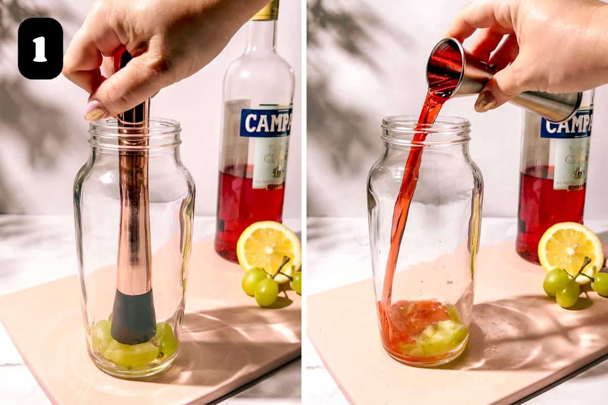 Step 1 showing muddling the grapes and adding the campari to the shaker.