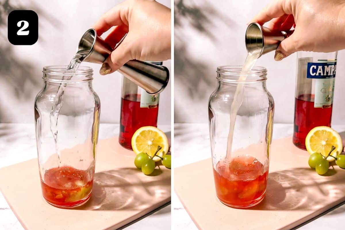 Step 2 showing adding the gin and lemon juice to the shaker.