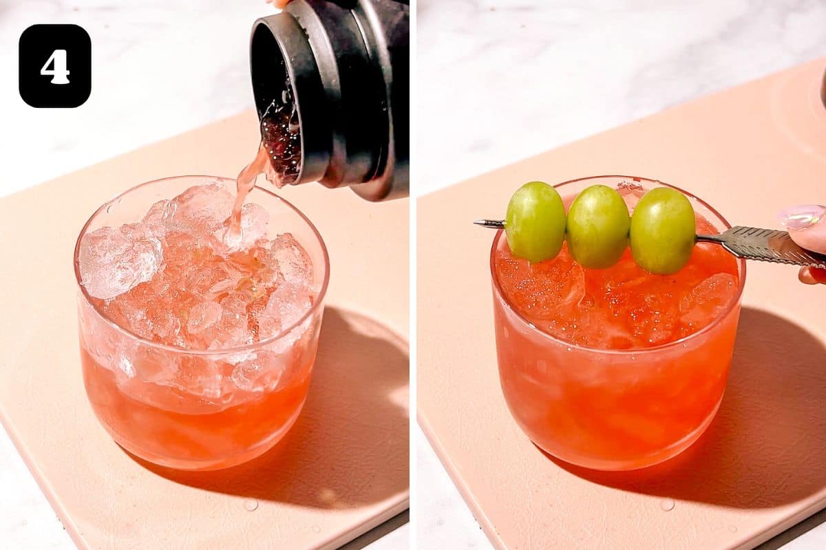 Step 4 showing straining the cocktail into the glass and garnishing with a skewer of grapes.